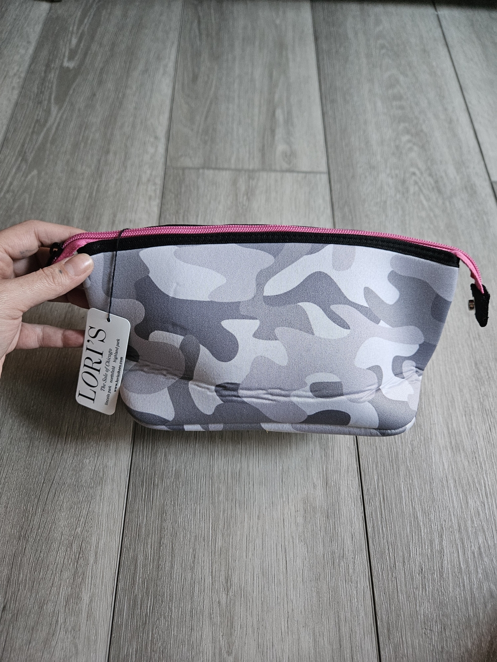 HAUTE SHORE Gray Camo Travel Pouch with Pink Zipper